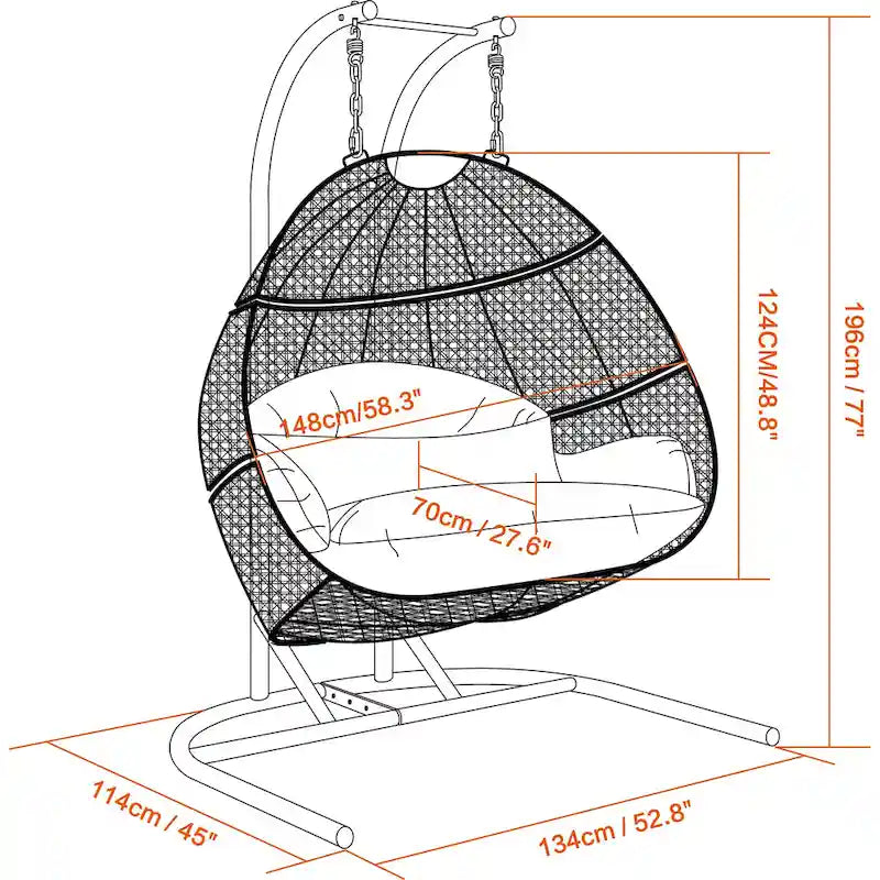 Charcoal Wicker Hanging Double-Seat Swing Chair with Stand with Cushion