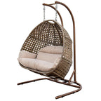 Charcoal Wicker Hanging Double-Seat Swing Chair with Stand with Cushion