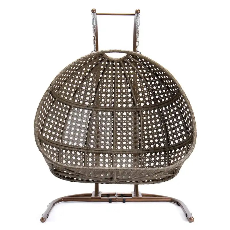 Charcoal Wicker Hanging Double-Seat Swing Chair with Stand with Cushion
