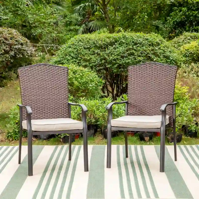 Patio Rattan Wicker Fixed Armrest Dining Chair with Cushion，Set of 2/4/6