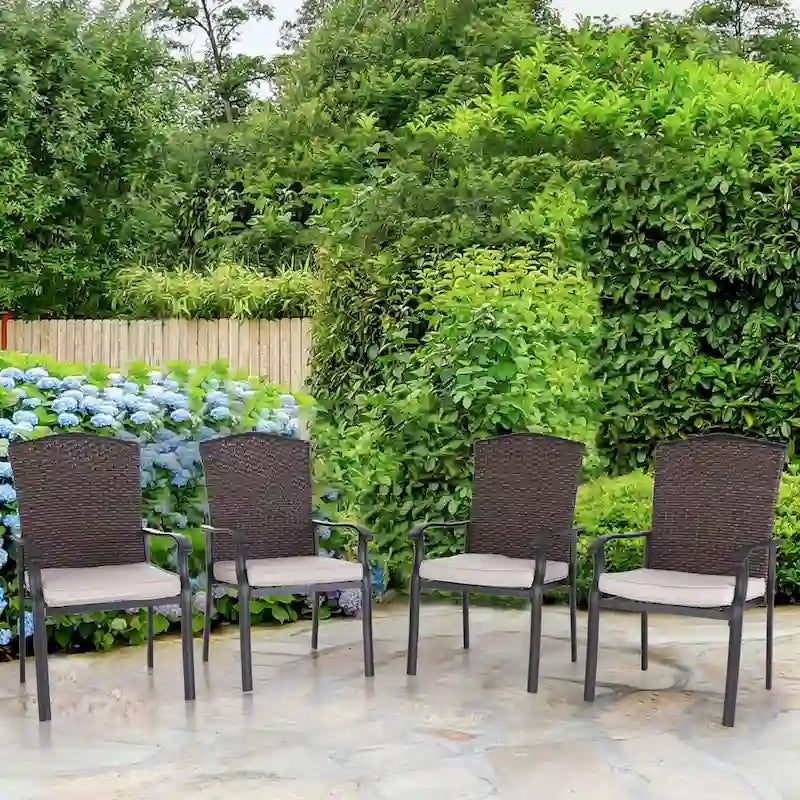 Patio Rattan Wicker Fixed Armrest Dining Chair with Cushion，Set of 2/4/6