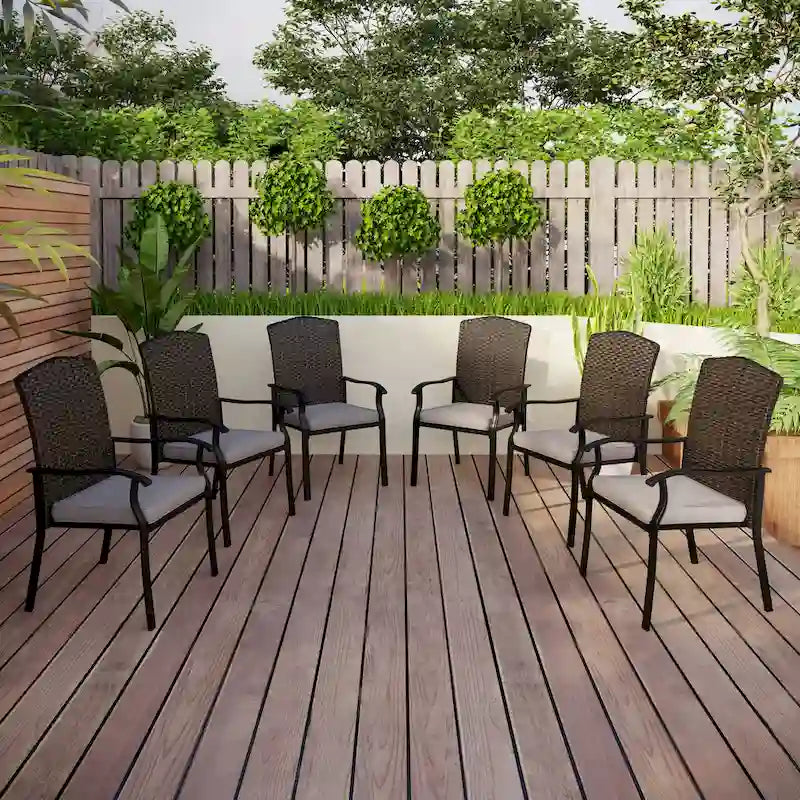 Patio Rattan Wicker Fixed Armrest Dining Chair with Cushion，Set of 2/4/6