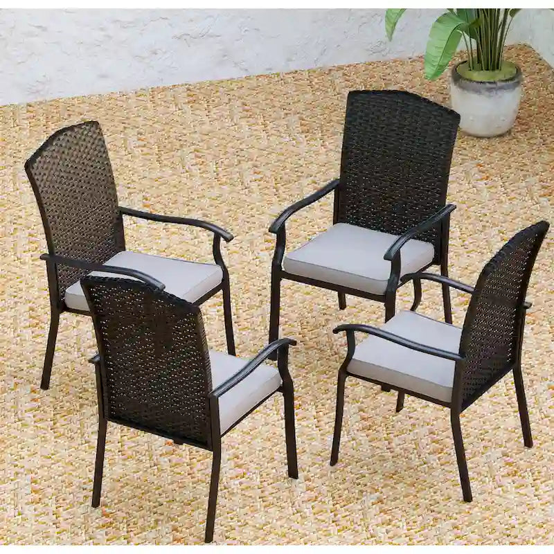 Patio Rattan Wicker Fixed Armrest Dining Chair with Cushion，Set of 2/4/6