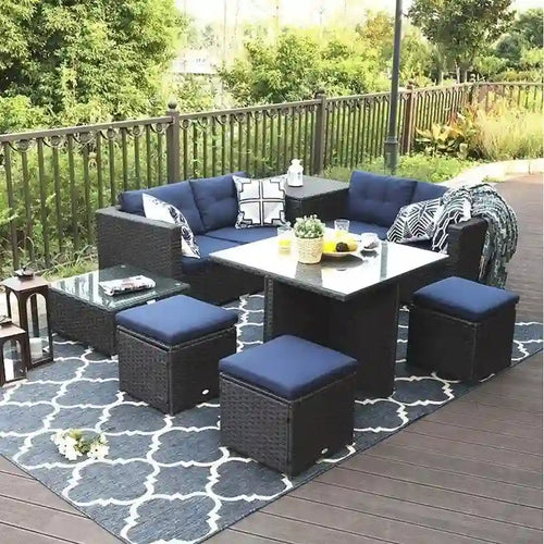 10-Piece Outdoor Patio Conversation Sectional Sofa Set with Table, Stools and Ottoman