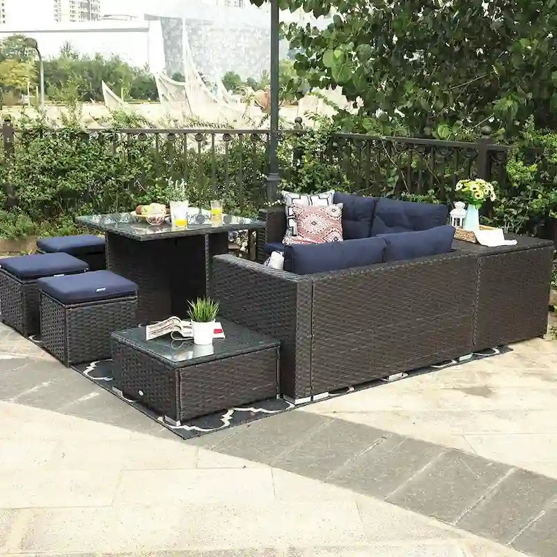 10-Piece Outdoor Patio Conversation Sectional Sofa Set with Table, Stools and Ottoman