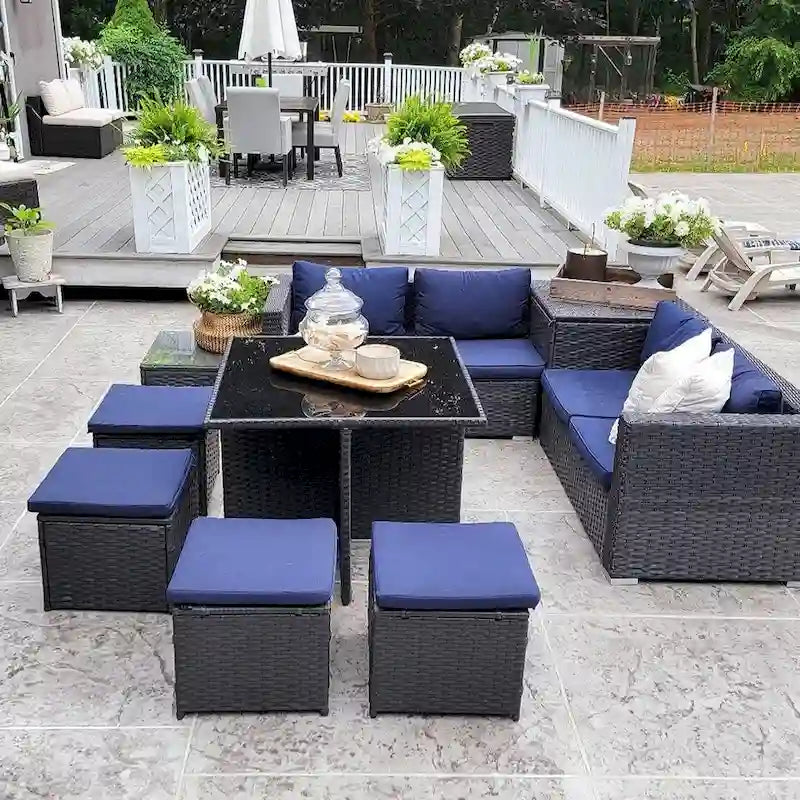 10-Piece Outdoor Patio Conversation Sectional Sofa Set with Table, Stools and Ottoman