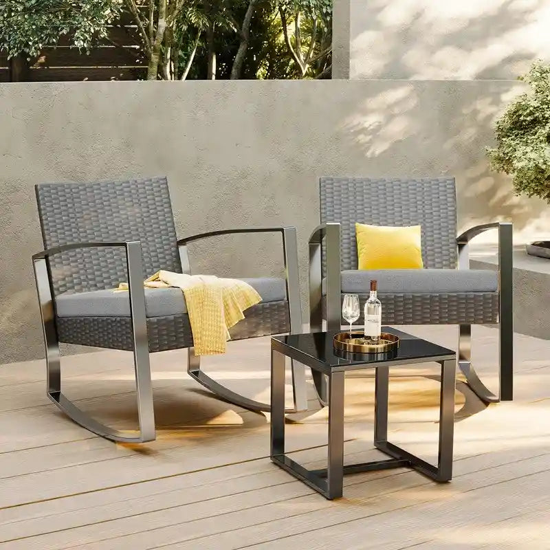 3 Pieces Wicker Patio Set with Cushion Outdoor Chair Set with Glass Table Rattan Chair Modern Bistro Set