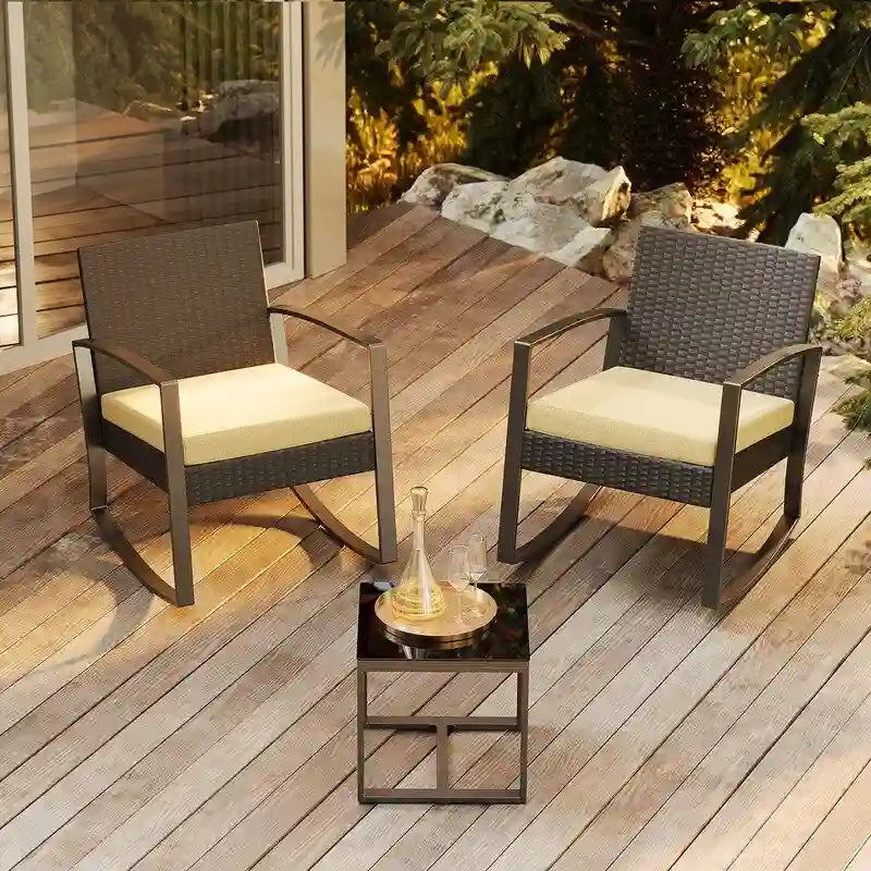 3 Pieces Wicker Patio Set with Cushion Outdoor Chair Set with Glass Table Rattan Chair Modern Bistro Set