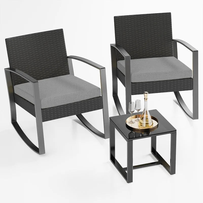 3 Pieces Wicker Patio Set with Cushion Outdoor Chair Set with Glass Table Rattan Chair Modern Bistro Set