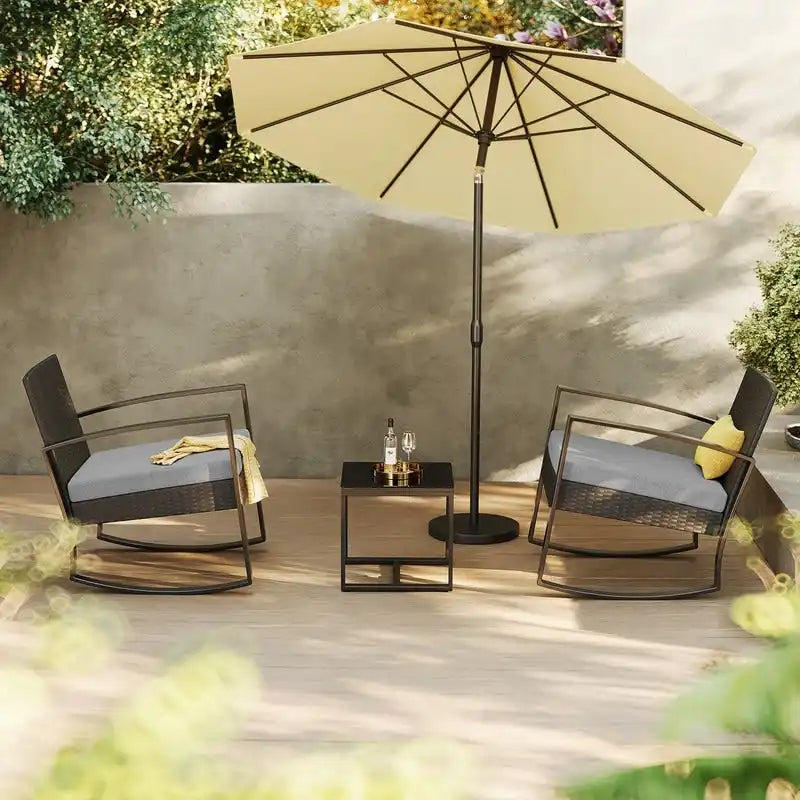 3 Pieces Wicker Patio Set with Cushion Outdoor Chair Set with Glass Table Rattan Chair Modern Bistro Set