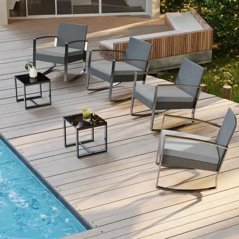 3 Pieces Wicker Patio Set with Cushion Outdoor Chair Set with Glass Table Rattan Chair Modern Bistro Set