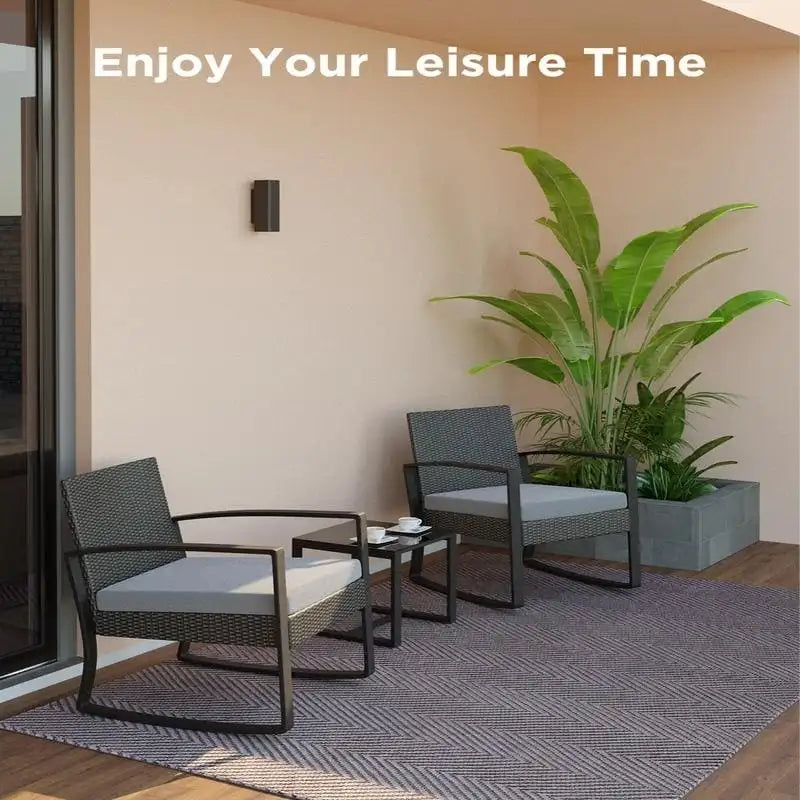 3 Pieces Wicker Patio Set with Cushion Outdoor Chair Set with Glass Table Rattan Chair Modern Bistro Set