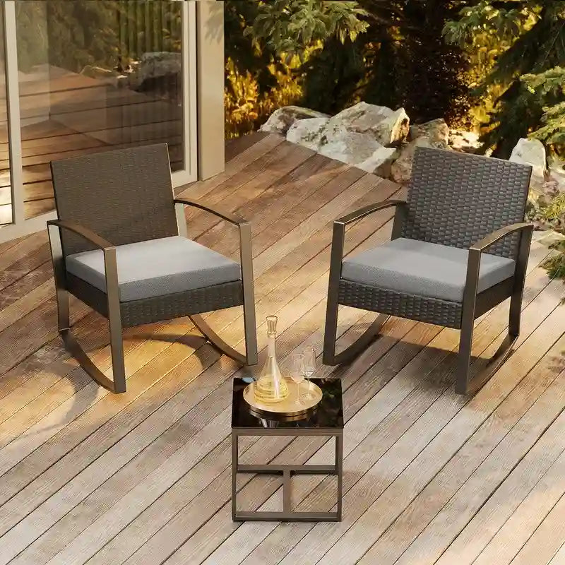 3 Pieces Wicker Patio Set with Cushion Outdoor Chair Set with Glass Table Rattan Chair Modern Bistro Set
