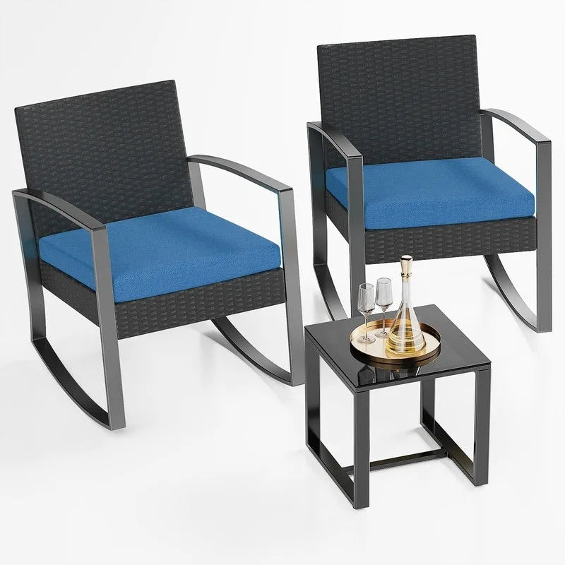 3 Pieces Wicker Patio Set with Cushion Outdoor Chair Set with Glass Table Rattan Chair Modern Bistro Set