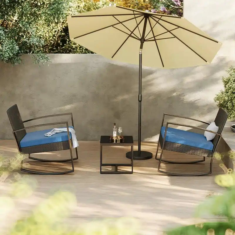 3 Pieces Wicker Patio Set with Cushion Outdoor Chair Set with Glass Table Rattan Chair Modern Bistro Set