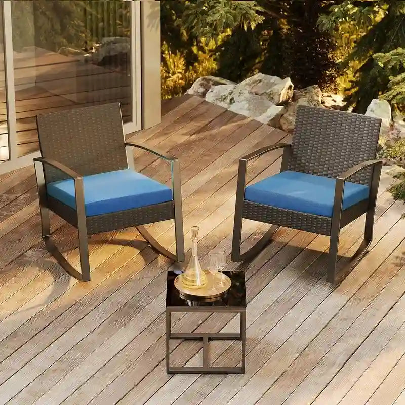 3 Pieces Wicker Patio Set with Cushion Outdoor Chair Set with Glass Table Rattan Chair Modern Bistro Set
