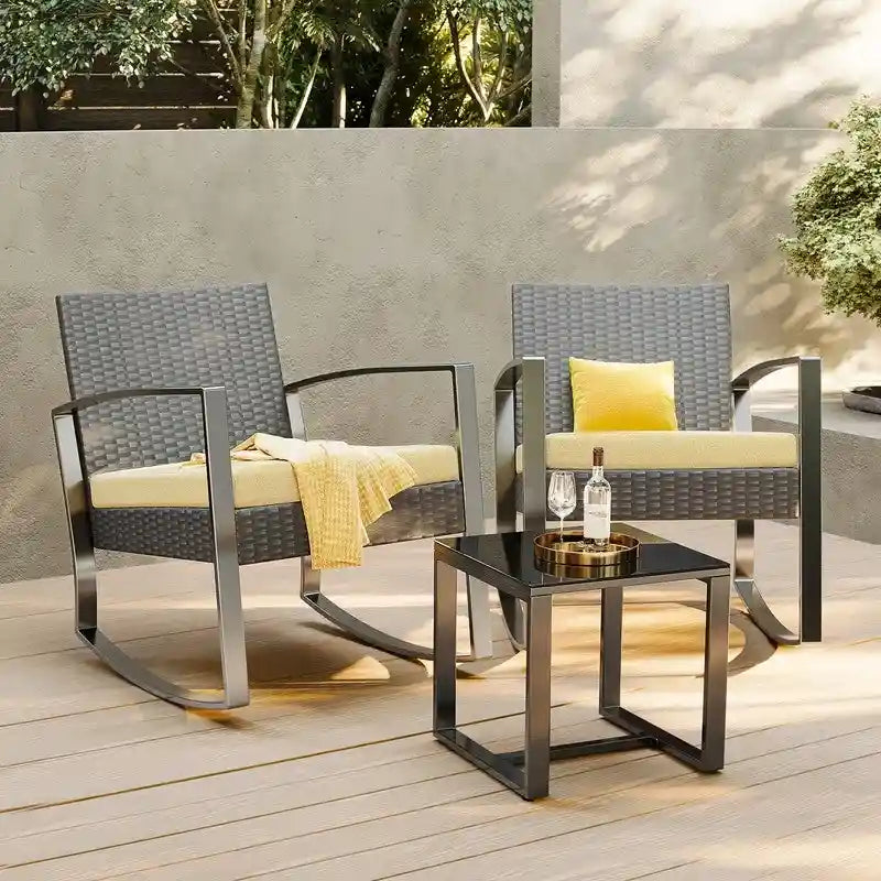 3 Pieces Wicker Patio Set with Cushion Outdoor Chair Set with Glass Table Rattan Chair Modern Bistro Set