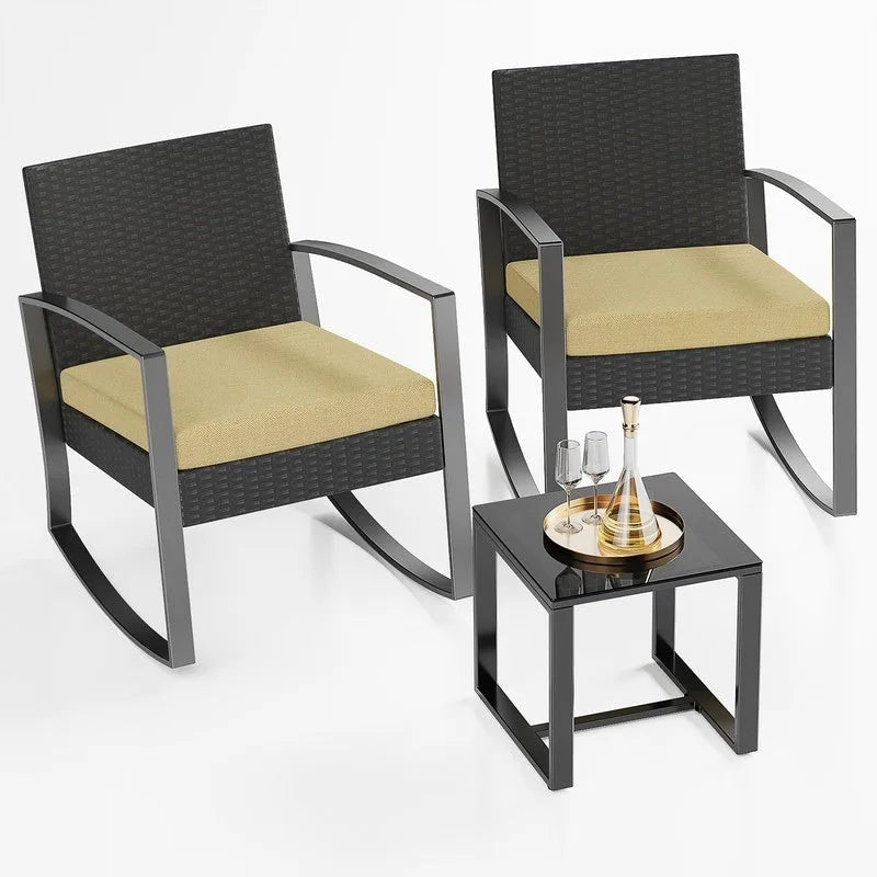 3 Pieces Wicker Patio Set with Cushion Outdoor Chair Set with Glass Table Rattan Chair Modern Bistro Set