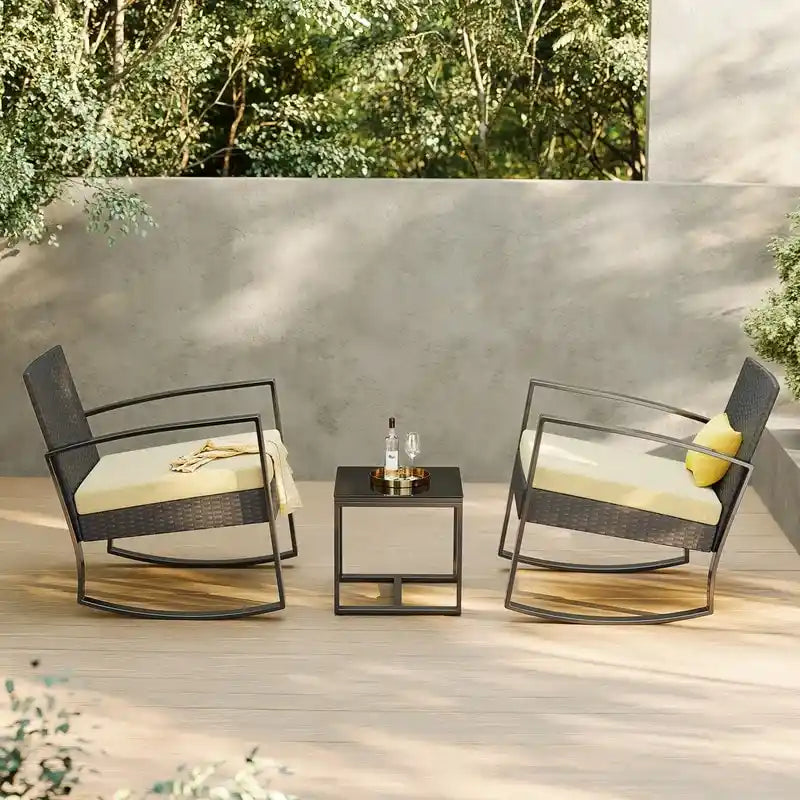 3 Pieces Wicker Patio Set with Cushion Outdoor Chair Set with Glass Table Rattan Chair Modern Bistro Set