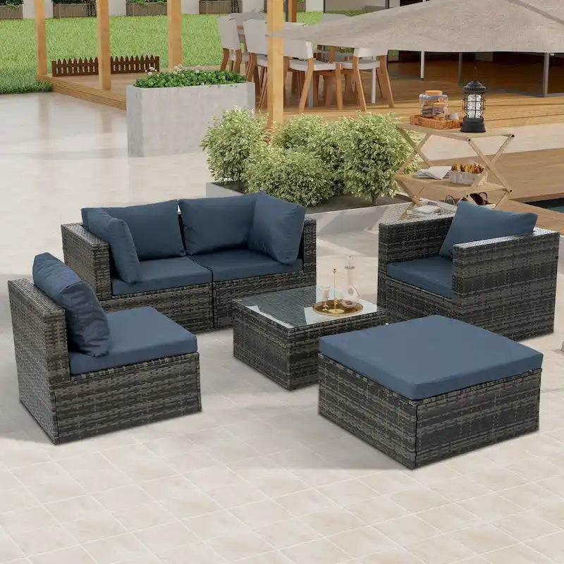 Outdoor Furniture 6 Set Wicker Furniture With Tempered Glass Coffee Table