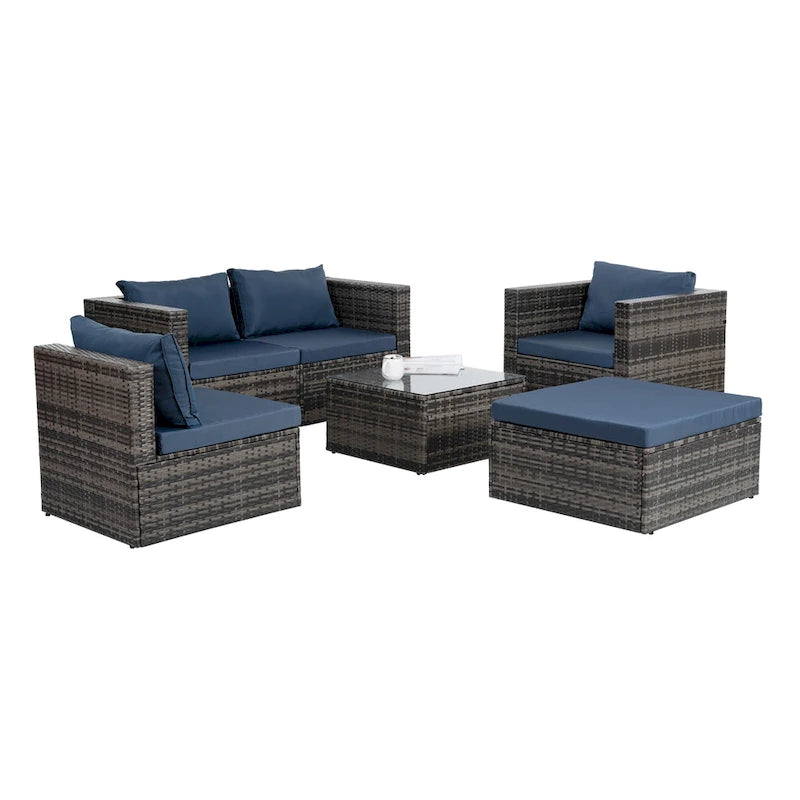 Outdoor Furniture 6 Set Wicker Furniture With Tempered Glass Coffee Table