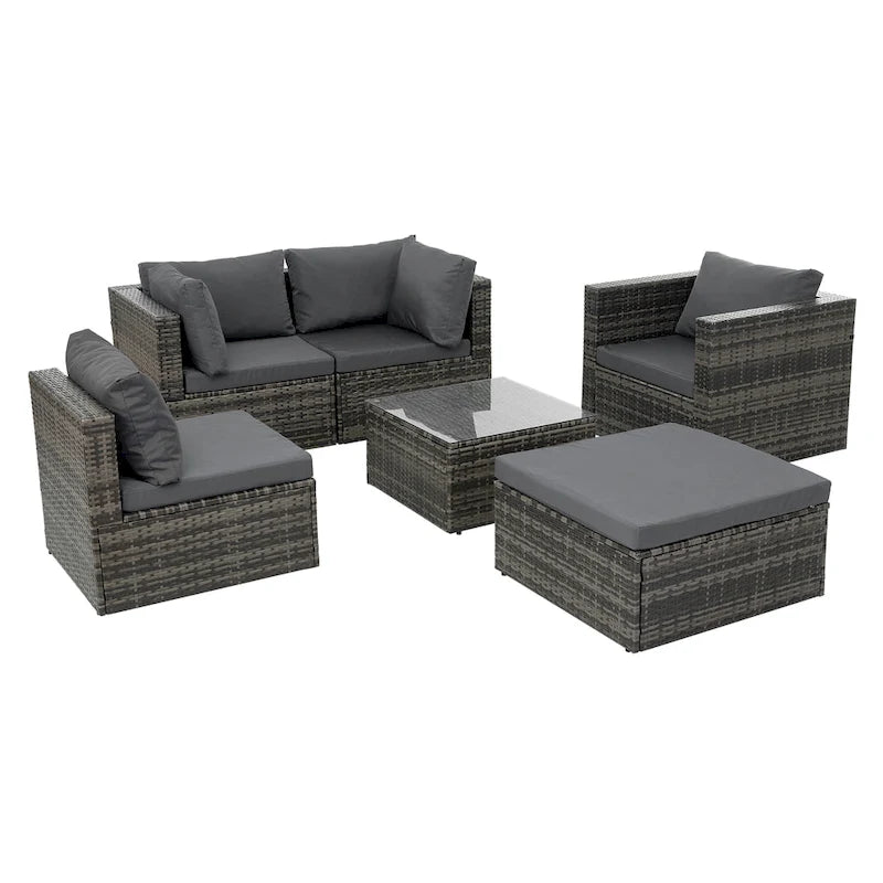 Outdoor Furniture 6 Set Wicker Furniture With Tempered Glass Coffee Table