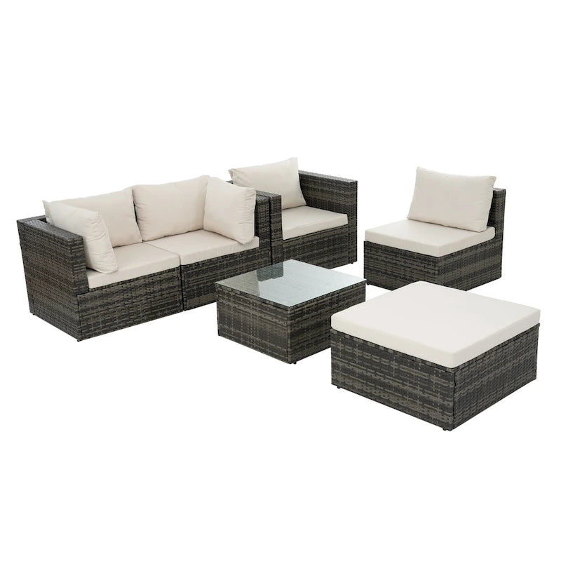 Outdoor Furniture 6 Set Wicker Furniture With Tempered Glass Coffee Table