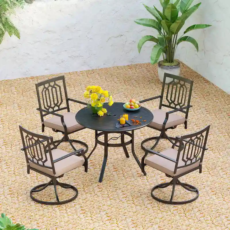 MAISON ARTS 5 Piece Metal Patio Dining Set, 4 Swivel Armrest Chairs with Cushion and 37.8   Round Table with 1.57   Umbrella Hole