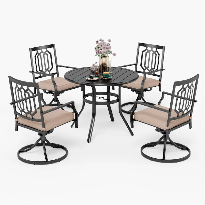 MAISON ARTS 5 Piece Metal Patio Dining Set, 4 Swivel Armrest Chairs with Cushion and 37.8   Round Table with 1.57   Umbrella Hole