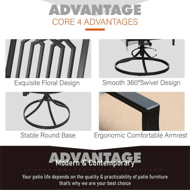 MAISON ARTS 5 Piece Metal Patio Dining Set, 4 Swivel Armrest Chairs with Cushion and 37.8   Round Table with 1.57   Umbrella Hole
