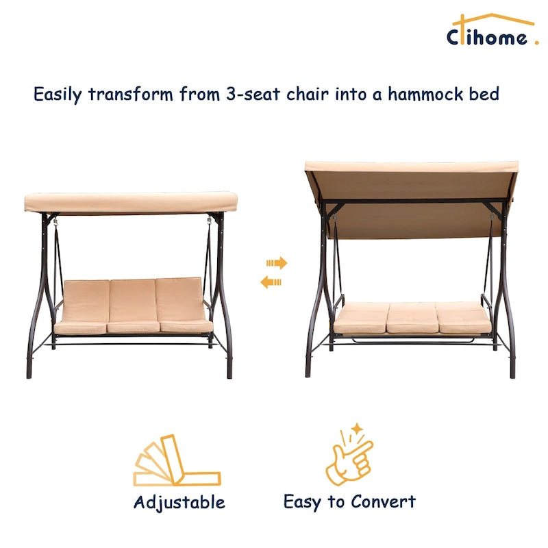 Clihome 3 Person Adjustable Canopy Porch Swing with Removable Cushions