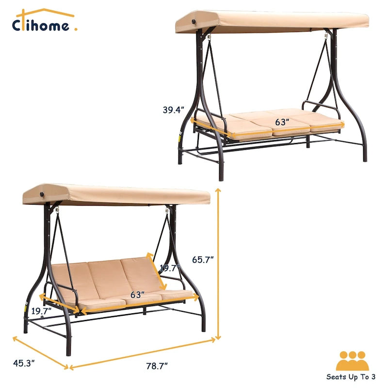 Clihome 3 Person Adjustable Canopy Porch Swing with Removable Cushions