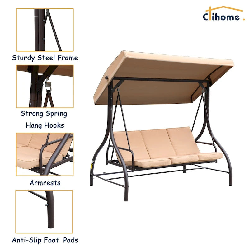 Clihome 3 Person Adjustable Canopy Porch Swing with Removable Cushions