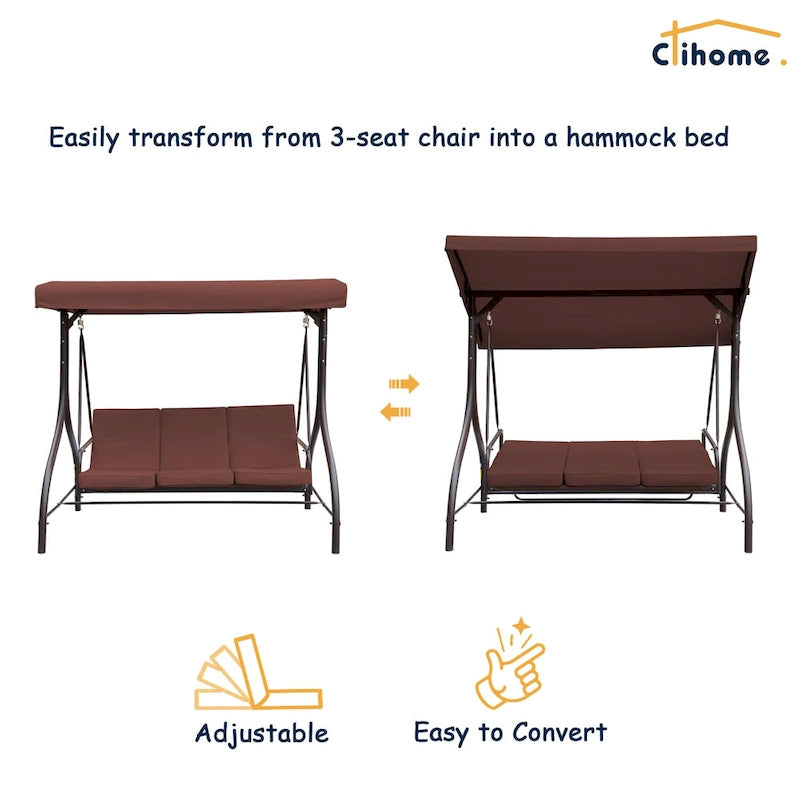 Clihome 3 Person Adjustable Canopy Porch Swing with Removable Cushions