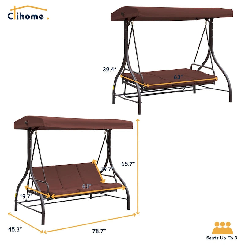 Clihome 3 Person Adjustable Canopy Porch Swing with Removable Cushions