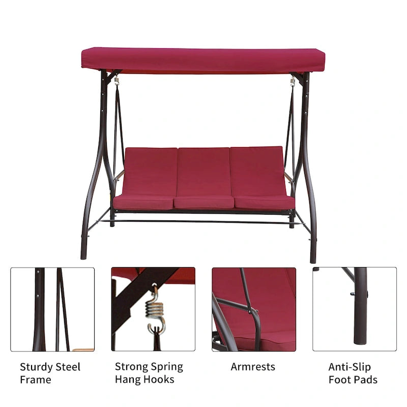 Clihome 3 Person Adjustable Canopy Porch Swing with Removable Cushions