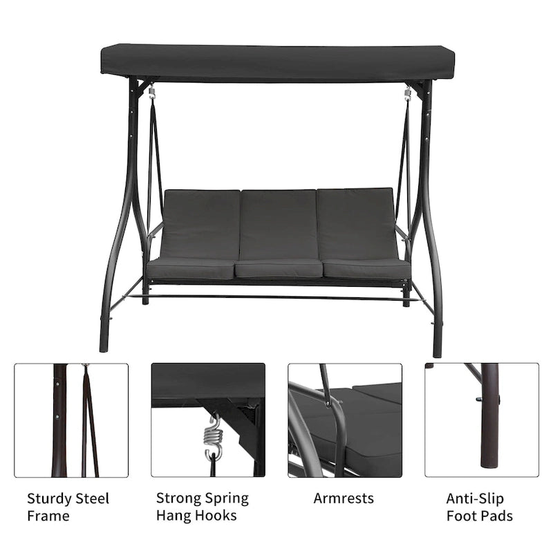 Clihome 3 Person Adjustable Canopy Porch Swing with Removable Cushions