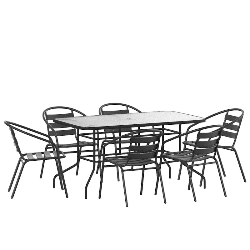 7 Piece Patio Dining Set - Glass Table, 6 Flex Stack Chairs