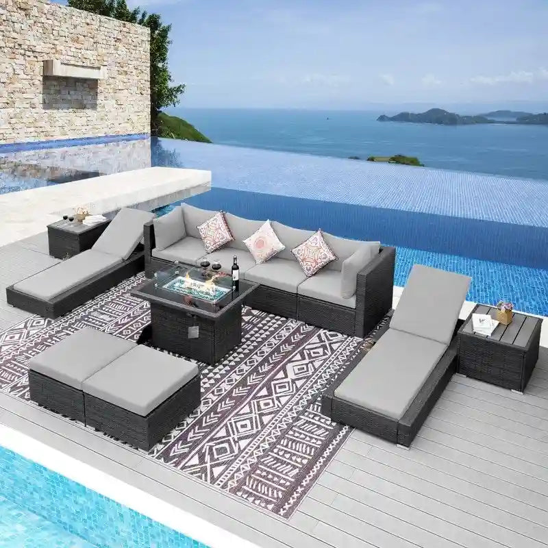 FINCATI 11 Pieces Patio Furniture Set Outdoor Sectional Sofa with Firepit Table