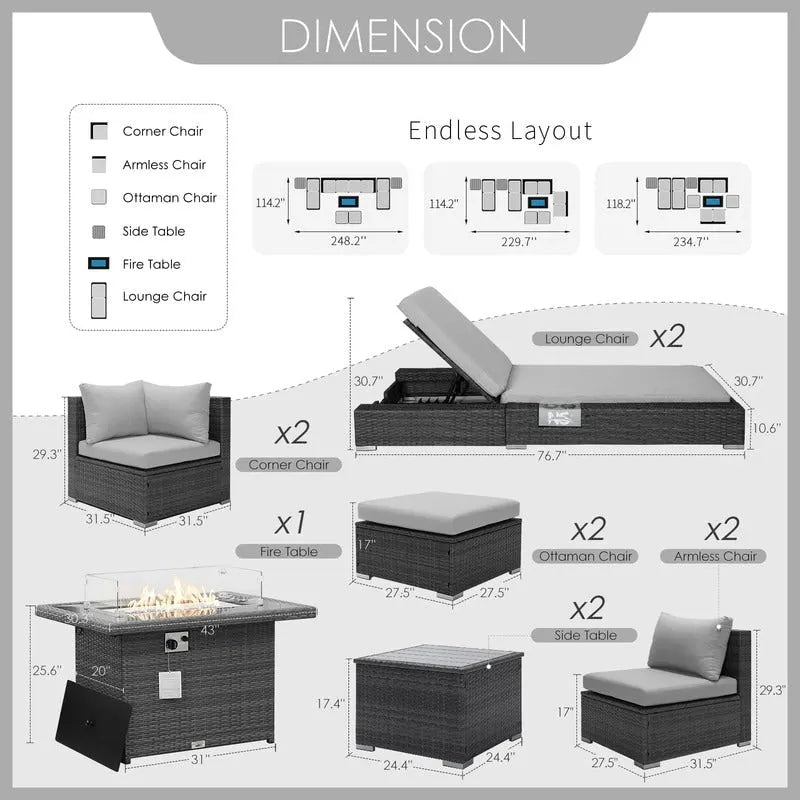 FINCATI 11 Pieces Patio Furniture Set Outdoor Sectional Sofa with Firepit Table