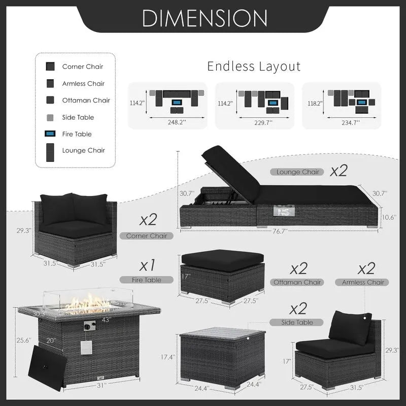 FINCATI 11 Pieces Patio Furniture Set Outdoor Sectional Sofa with Firepit Table