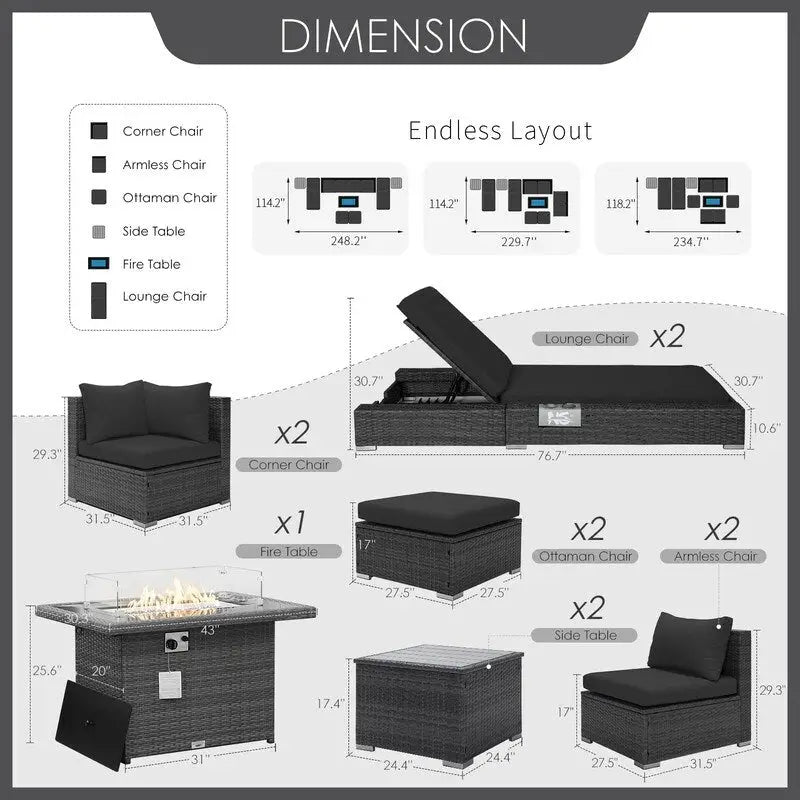 FINCATI 11 Pieces Patio Furniture Set Outdoor Sectional Sofa with Firepit Table