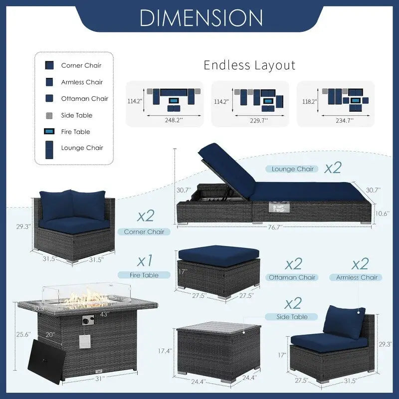FINCATI 11 Pieces Patio Furniture Set Outdoor Sectional Sofa with Firepit Table