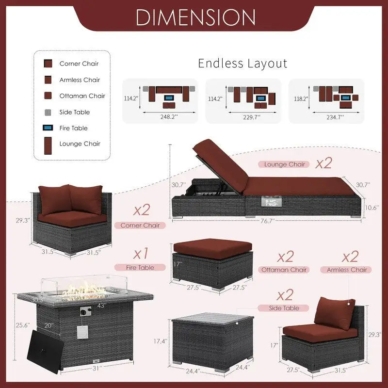 FINCATI 11 Pieces Patio Furniture Set Outdoor Sectional Sofa with Firepit Table