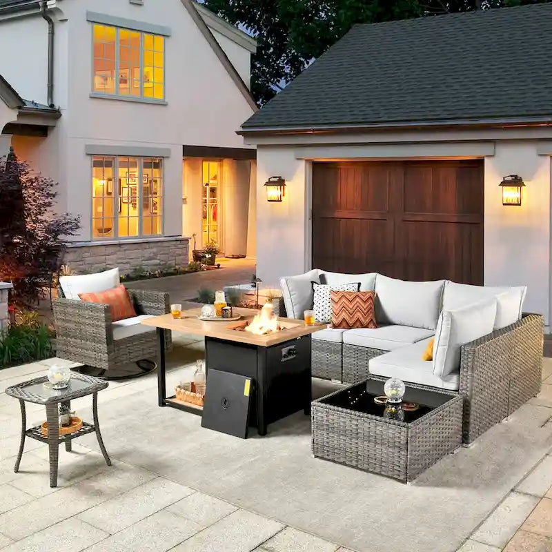 XIZZI 8-piece Outdoor Patio Furniture Sectional Set with Fire Pit Table