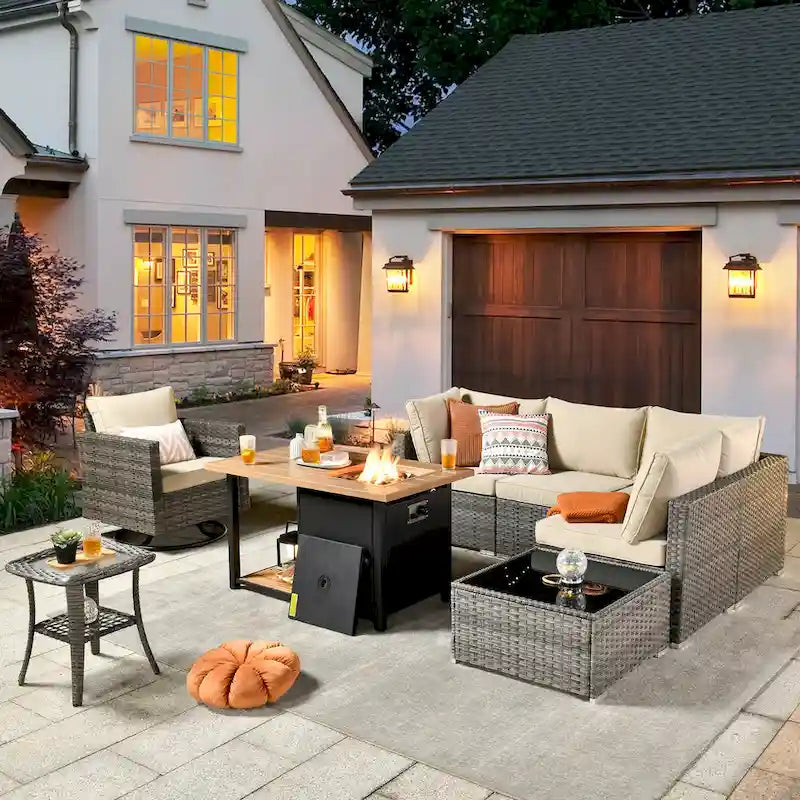 XIZZI 8-piece Outdoor Patio Furniture Sectional Set with Fire Pit Table