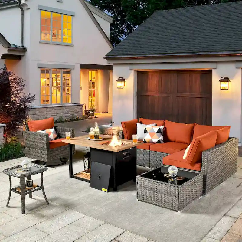 XIZZI 8-piece Outdoor Patio Furniture Sectional Set with Fire Pit Table