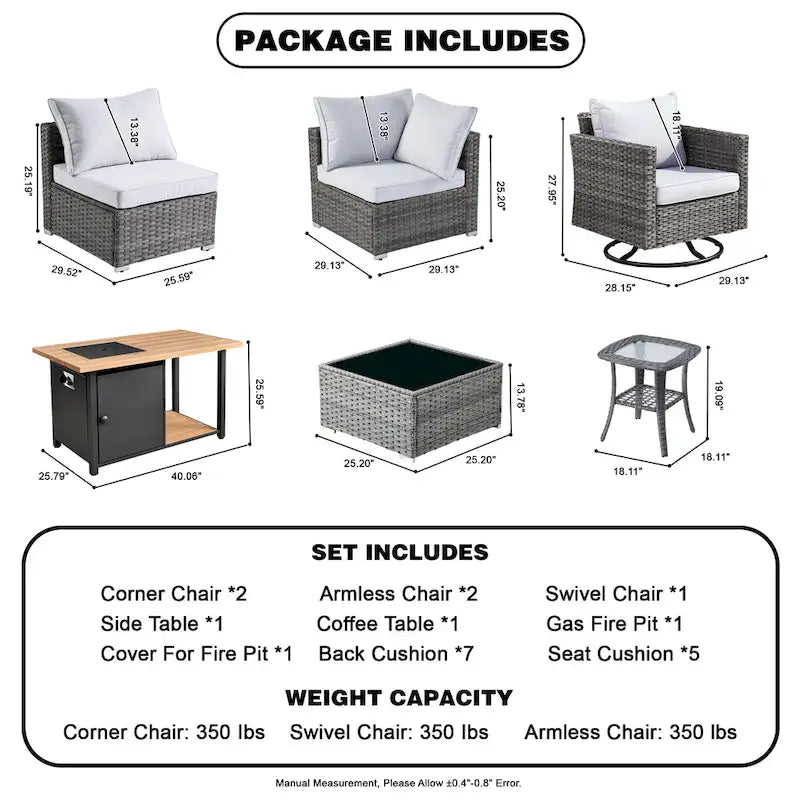 XIZZI 8-piece Outdoor Patio Furniture Sectional Set with Fire Pit Table