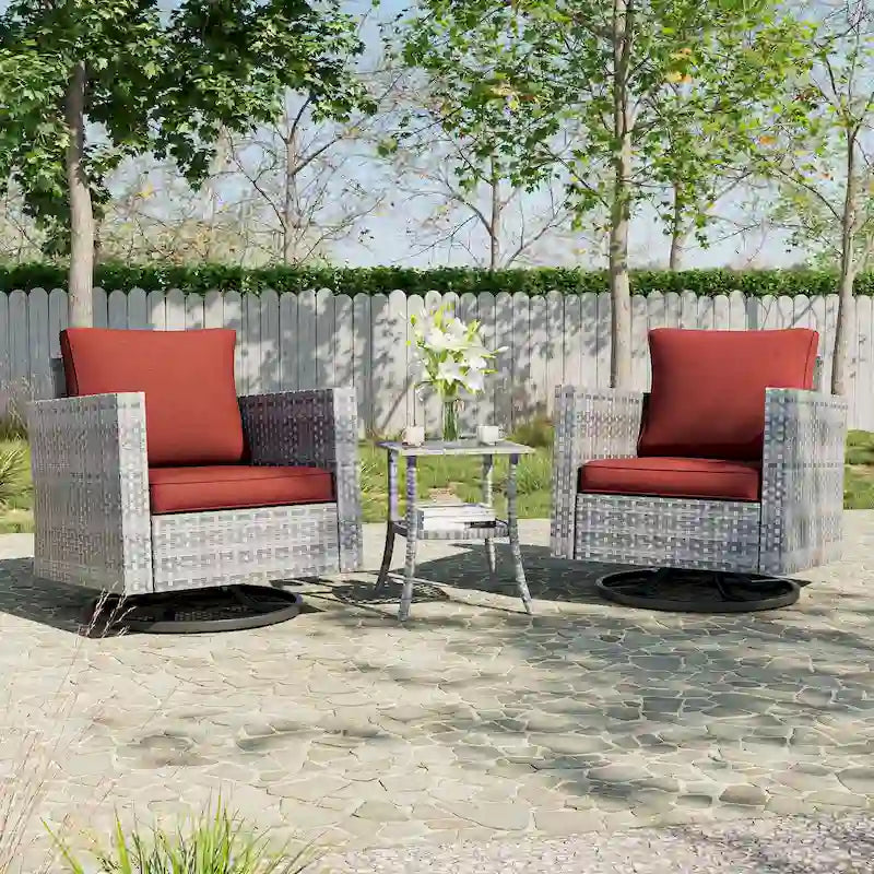 BONOSUKI 3Pcs Patio Swivel Rocking Sofa Set Brown Grey w/Glass Table