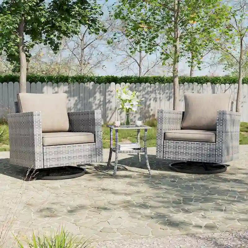 BONOSUKI 3Pcs Patio Swivel Rocking Sofa Set Brown Grey w/Glass Table